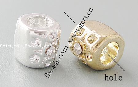 Rhinestone Zinc Alloy European Beads, Drum, plated, without troll & with rhinestone, more colors for choice, 8x7.5x10mm, Hole:Approx 4.5mm, Sold By PC