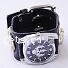 Fashion Watch Bracelet, Zinc Alloy, with PU Leather & Glass, platinum color plated, with skull pattern, black, 41mm Inch 