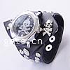Fashion Watch Bracelet, Zinc Alloy, with PU Leather & Glass, platinum color plated, with rivet stud & with skull pattern, black, 82mm Inch 