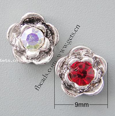 Rhinestone Spacer Bar, with Zinc Alloy, Flower, plated, 2-strand, more colors for choice, 9x9x4.5mm, Hole:Approx 1.5mm, Sold By PC