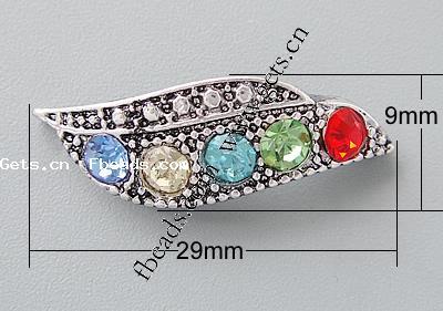 Rhinestone Spacer Bar, with Zinc Alloy, Feather, plated, 2-strand, more colors for choice, 29x9x6mm, Hole:Approx 1.5mm, Sold By PC