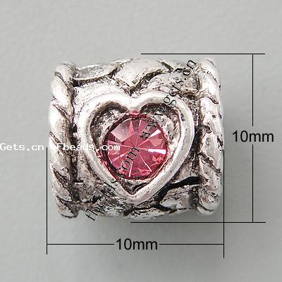 Rhinestone Zinc Alloy European Beads, Tube, plated, without troll & with rhinestone, more colors for choice, nickel, lead & cadmium free, 10x10mm, Hole:Approx 4.2-4.5mm, Sold By PC