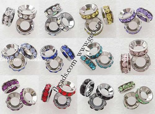 Rondelle Rhinestone Spacer, Brass, plated, with rhinestone, more colors for choice, 10x4mm, Hole:Approx 4mm, Sold By PC