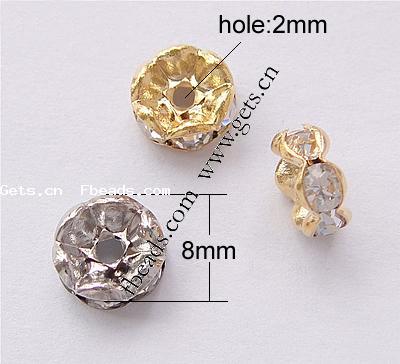 Wave Rondelle Rhinestone Spacer, Brass, plated, with A grade rhinestone, more colors for choice, Grade A, 8mm, Hole:Approx 2mm, 100PCs/Bag, Sold By Bag