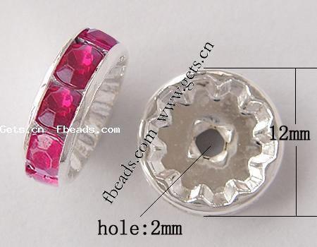 Rondelle Rhinestone Spacer, Brass, plated, with rhinestone, more colors for choice, 12mm, Hole:Approx 2mm, 100PCs/Bag, Sold By Bag