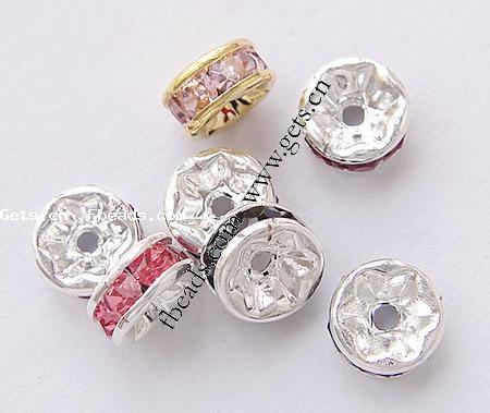 Rondelle Rhinestone Spacer, Brass, rack plating, with rhinestone, more colors for choice, Grade AAA, 10mm, Hole:Approx 2mm, 100PCs/Bag, Sold By Bag
