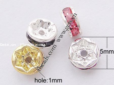 Rondelle Rhinestone Spacer, Brass, rack plating, with rhinestone, more colors for choice, Grade AAA, 5mm, Hole:Approx 1mm, 100PCs/Bag, Sold By Bag