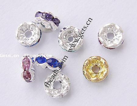 Wave Rondelle Rhinestone Spacer, Brass, plated, with rhinestone, more colors for choice, Grade A, 6mm, Hole:Approx 1.3mm, 100PCs/Bag, Sold By Bag
