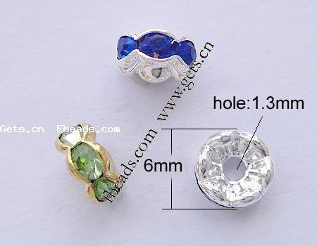 Puente de diamante de imitación Spacer, metal, Toroidal, chapado, con diamantes de imitación, más colores para la opción, Grado A, 6mm, agujero:aproximado 1.3mm, 100PCs/Bolsa, Vendido por Bolsa