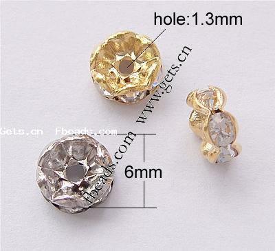 Wave Rondelle Rhinestone Spacer, Brass, plated, with rhinestone, more colors for choice, Grade AAA, 6mm, Hole:Approx 1.3mm, 100PCs/Bag, Sold By Bag