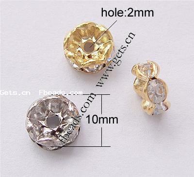 Wave Rondelle Rhinestone Spacer, Brass, plated, with rhinestone, more colors for choice, Grade AAA, 10mm, Hole:Approx 2mm, 100PCs/Bag, Sold By Bag