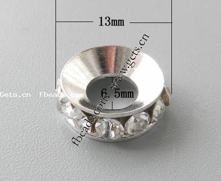 Rondelle Rhinestone Spacer, Brass, plated, with rhinestone, more colors for choice, 13x13x4.5mm, Hole:Approx 6.5mm, Sold By PC