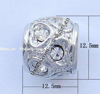 Rhinestone Zinc Alloy European Beads, Drum, plated, without troll & with rhinestone, more colors for choice, nickel, lead & cadmium free, 12.5x12.5mm, Hole:Approx 8mm, Sold By PC