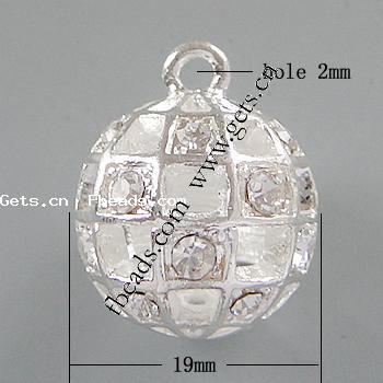 Zinc Alloy Rhinestone Pendants, Round, plated, more colors for choice, 19mm, Hole:Approx 2mm, Sold By PC