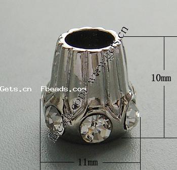 Rhinestone Zinc Alloy European Beads, Tube, plated, more colors for choice, 10x11mm, Hole:Approx 5mm, Sold By PC