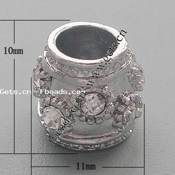 Rhinestone Zinc Alloy European Beads, Drum, plated, more colors for choice, 10x11mm, Hole:Approx 5mm, Sold By PC