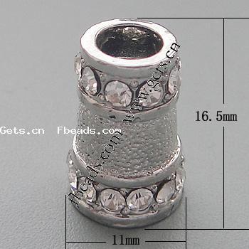 Rhinestone Zinc Alloy European Beads, Tube, plated, more colors for choice, 16.5x11mm, Hole:Approx 5mm, Sold By PC