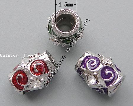 Enamel Zinc Alloy European Beads, Tube, plated, without troll & with rhinestone & large hole, more colors for choice, 12x10mm, Hole:Approx 4.5mm, Sold By PC