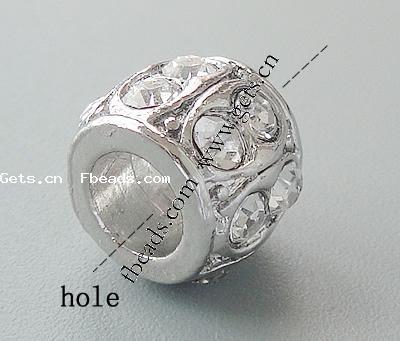 Rhinestone Zinc Alloy European Beads, Tube, plated, more colors for choice, 12x10mm, Hole:Approx 6.2mm, Sold By PC