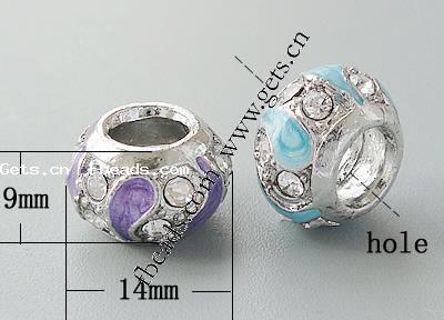 Enamel Zinc Alloy European Beads, Rondelle, without troll & with rhinestone & large hole, more colors for choice, 14x9mm, Hole:Approx 6.2mm, Sold By PC