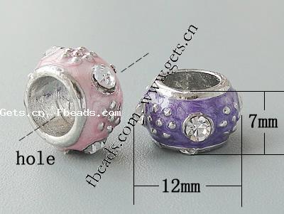 Enamel Zinc Alloy European Beads, Rondelle, without troll & with rhinestone & large hole, more colors for choice, nickel, lead & cadmium free, 12x7mm, Hole:Approx 6.5mm, Sold By PC