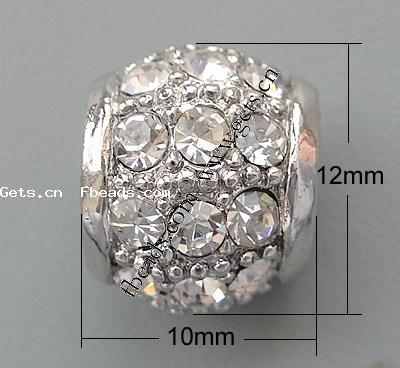 Rhinestone Zinc Alloy European Beads, Drum, plated, more colors for choice, nickel, lead & cadmium free, 12x10mm, Hole:Approx 6.5mm, Sold By PC