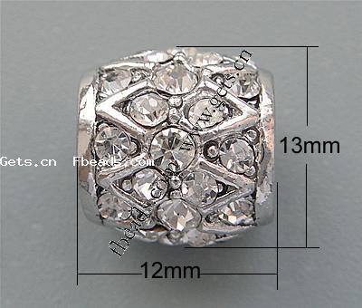 Rhinestone Zinc Alloy European Beads, Drum, plated, more colors for choice, nickel, lead & cadmium free, 13x12mm, Hole:Approx 7mm, Sold By PC