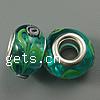 Silver Plated Double Core Lampwork European Beads, Rondelle, antique silver color plated, cupronickel double core without troll, green Approx 5mm 