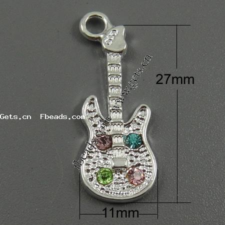 pendentifs European en alliage zinc, alliage de zinc, guitare, Placage, avec strass, plus de couleurs à choisir, 27x11x3mm, Trou:Environ 3mm, Vendu par PC