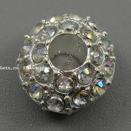 Rhinestone European Beads, with Zinc Alloy, Rondelle, plated, more colors for choice, 14x9mm, Hole:Approx 5mm, Sold By PC