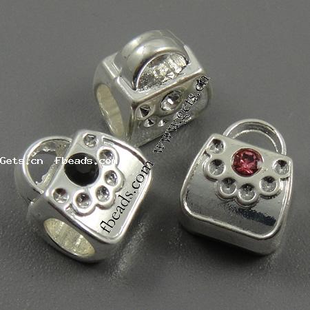 Perles European de stras d'alliage de Zinc , sac à main, Placage, sans filetage & avec strass, plus de couleurs à choisir, 11x9x7mm, Trou:Environ 5mm, Vendu par PC