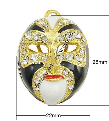 Character Shaped Zinc Alloy Pendants, Mask, plated, with Mideast rhinestone & enamel, more colors for choice, nickel free, 28x22x14mm, Hole:Approx 2.5mm, Sold By PC