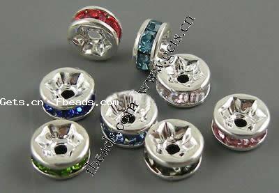Rondelle Rhinestone Spacer, Brass, plated, with rhinestone, more colors for choice, 12x4mm, Hole:Approx 2.5mm, 100PCs/Bag, Sold By Bag