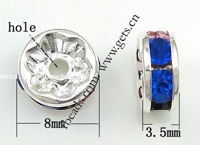 Espaciador de la forma rueda del diamante de imitación, metal, Toroidal, chapado, con diamantes de imitación, más colores para la opción, 8x3.5mm, agujero:aproximado 1.8mm, 5000PCs/Bolsa, Vendido por Bolsa