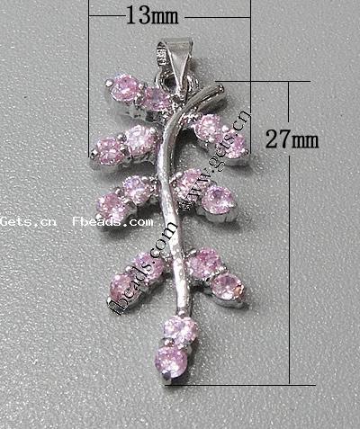 Cubic Zirconia Brass Pendants, Leaf, plated, with cubic zirconia & faceted, more colors for choice, 27x13x4mm, Hole:Approx 3-5mm, Sold By PC