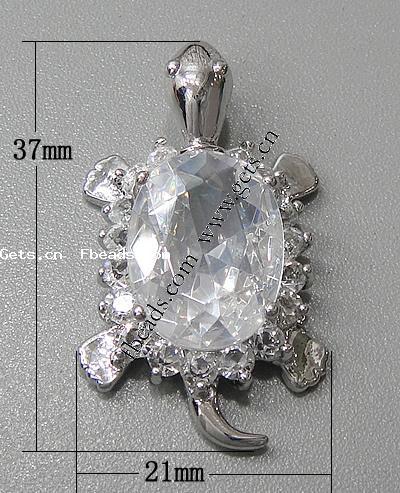 Cubic Zirconia Brass Pendants, Turtle, plated, with cubic zirconia & faceted, more colors for choice, 37x21x8mm, Hole:Approx 7x3mm, Sold By PC