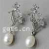Cubic Zircon (CZ) Drop Earring, Brass, with Freshwater Pearl, Oval, platinum color plated, with cubic zirconia & faceted 