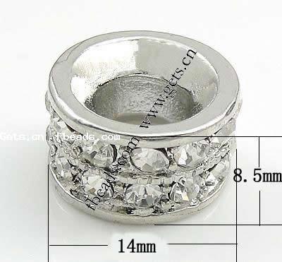 Rhinestone Zinc Alloy Beads, Rondelle, plated, more colors for choice, 14x8.5mm, Hole:Approx 7mm, Sold By PC