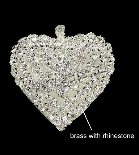 Brass Heart Pendants, plated, Customized & with rhinestone, more colors for choice, 40x40x16mm, Hole:Approx 3mm, Sold By PC