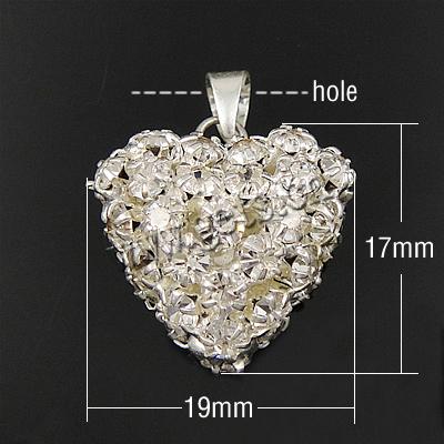 Colgantes de corazón de latón, metal, chapado, con diamantes de imitación & hueco, más colores para la opción, 19x17x12mm, agujero:aproximado 3mm, Vendido por UD