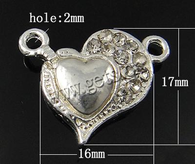 Zinc Alloy Magnetic Clasp, Heart, plated, magnetism about 3000 gauss & with rhinestone & single-strand, more colors for choice, 17x16x6mm, Hole:Approx 2mm, Sold By PC