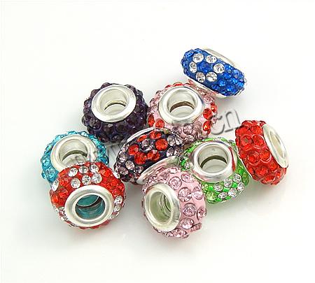 Rhinestone European Beads, with Brass & Zinc Alloy, Rondelle, more colors for choice, cadmium free, 14x8mm, Hole:Approx 5mm, Sold By PC