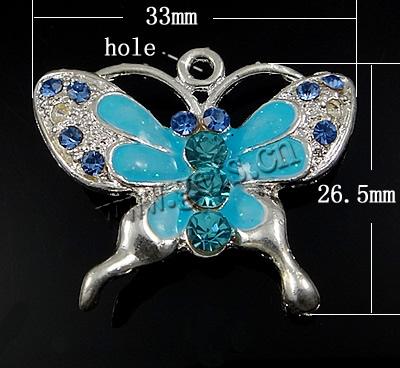 Zinc Alloy Animal Pendants, Butterfly, plated, with A grade rhinestone & enamel, more colors for choice, 33x26.5x6.5mm, Hole:Approx 2.5mm, Sold By PC