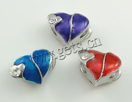Enamel Zinc Alloy European Beads, Heart, plated, without troll & with rhinestone & large hole, more colors for choice, nickel, lead & cadmium free, 13x10x8mm, Hole:Approx 4mm, Sold By PC