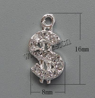 Colgantes de diamantes de imitación de la aleación de zinc, Signo de dólar, chapado, más colores para la opción, libre de cadmio, 16x8x3mm, agujero:aproximado 1.5mm, Vendido por UD