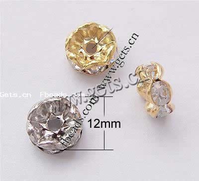 Wave Rondelle Rhinestone Spacer, Brass, plated, with rhinestone, more colors for choice, Grade AAA, 12mm, Hole:Approx 1.5mm, 100PCs/Bag, Sold By Bag