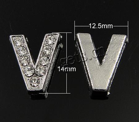 Zinc Alloy Letter Slide Charm, Letter V, plated, plating thickness more than 3μm & with Mideast rhinestone, more colors for choice, nickel free, Grade A, 14x12.5x4.5mm, Hole:Approx 11x2.3mm, Sold By PC