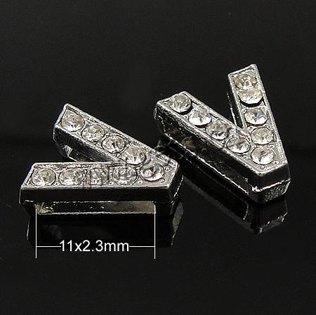 Zinc Alloy Letter Slide Charm, Letter V, plated, plating thickness more than 3μm & with Mideast rhinestone, more colors for choice, nickel free, Grade A, 14x12.5x4.5mm, Hole:Approx 11x2.3mm, Sold By PC