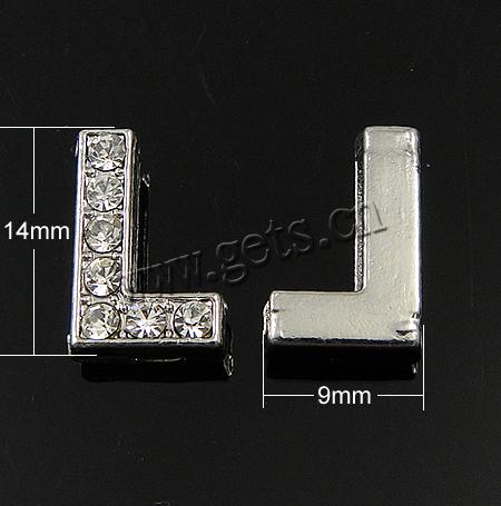 Zinc Alloy Letter Slide Charm, Letter L, plated, plating thickness more than 3μm & with Mideast rhinestone, more colors for choice, nickel free, Grade A, 14x9x4.5mm, Hole:Approx 11x2.3mm, Sold By PC