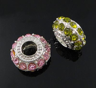 Rhinestone European Beads, Brass, Rondelle, plated, without troll & with rhinestone, more colors for choice, 15x9mm, Hole:Approx 6mm, Sold By PC